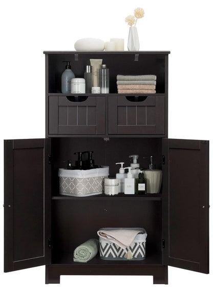 Freestanding Wooden Storage Cabinet with 2 Drawers & Adjustable Shelf for Bathroom, Living Room, Bedroom, Kitchen - Brown