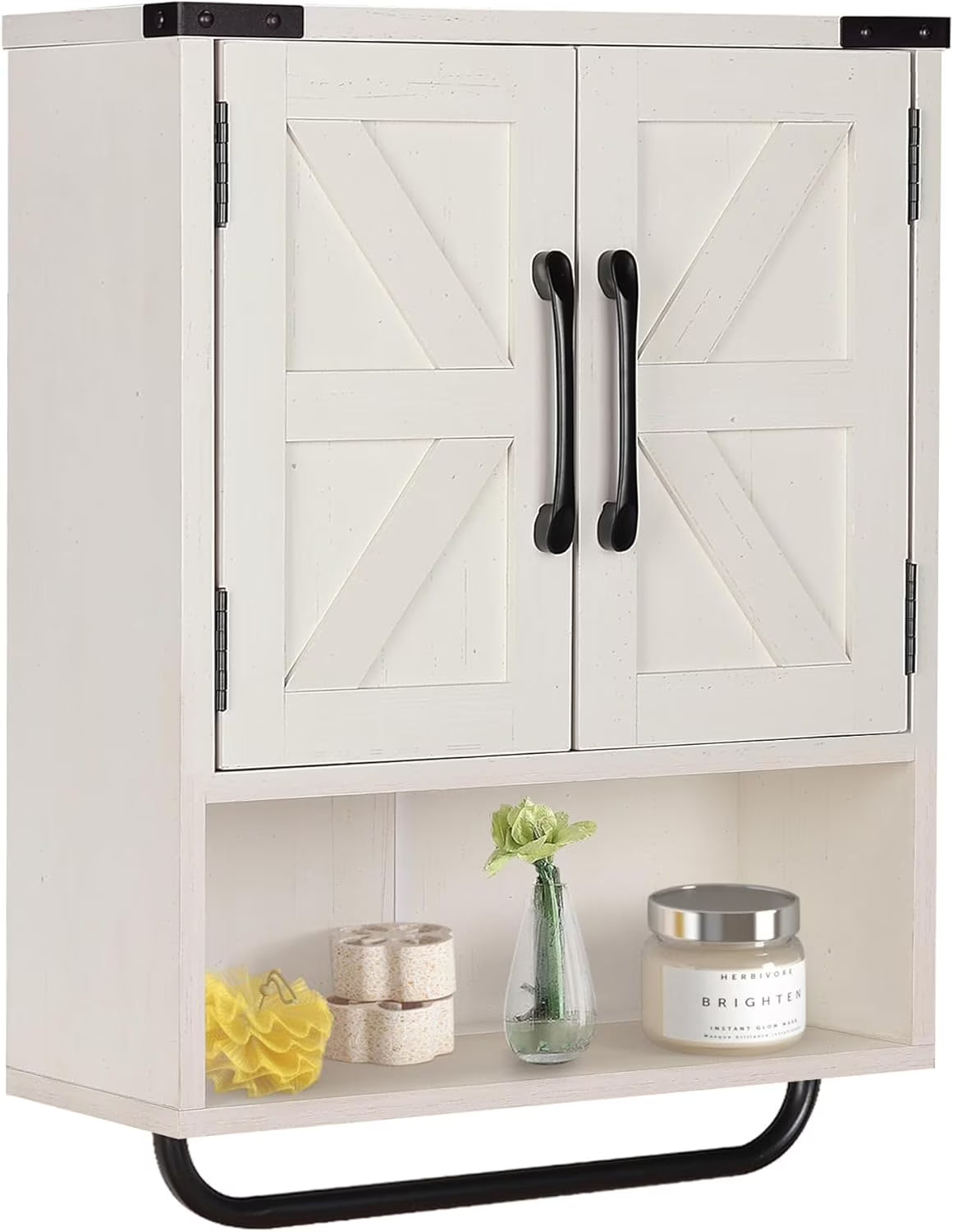 Farmhouse Wall Storage Cabinet with Two Barn Door, Rustic Mounted Medicine Cabinet with Adjustable Shelf and Towel Bar, 3-Tier Wood Cabinet for Kitchen, Bathroom, Living Room (Vintage White)