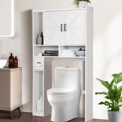 Over The Toilet Storage Cabinet, Farmhouse Bathroom Space Saver Organizer with 2 Barn Doors and Paper Holder Stand, Wooden Toilet Rack for Restroom, Laundry