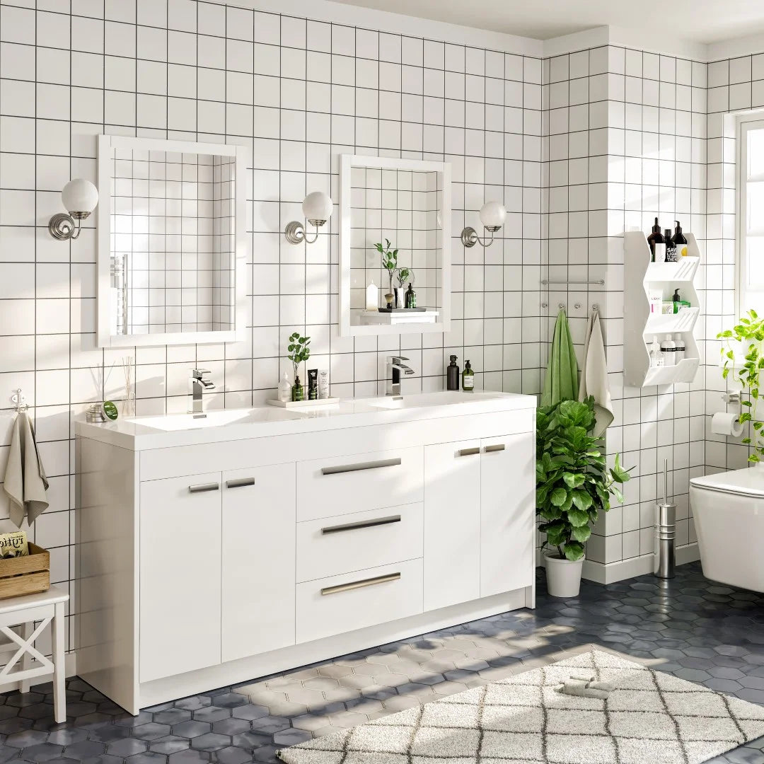 Eviva Lugano 72"W x 20"D White Double Sink Bathroom Vanity with White Acrylic Countertop and Integrated Sinks