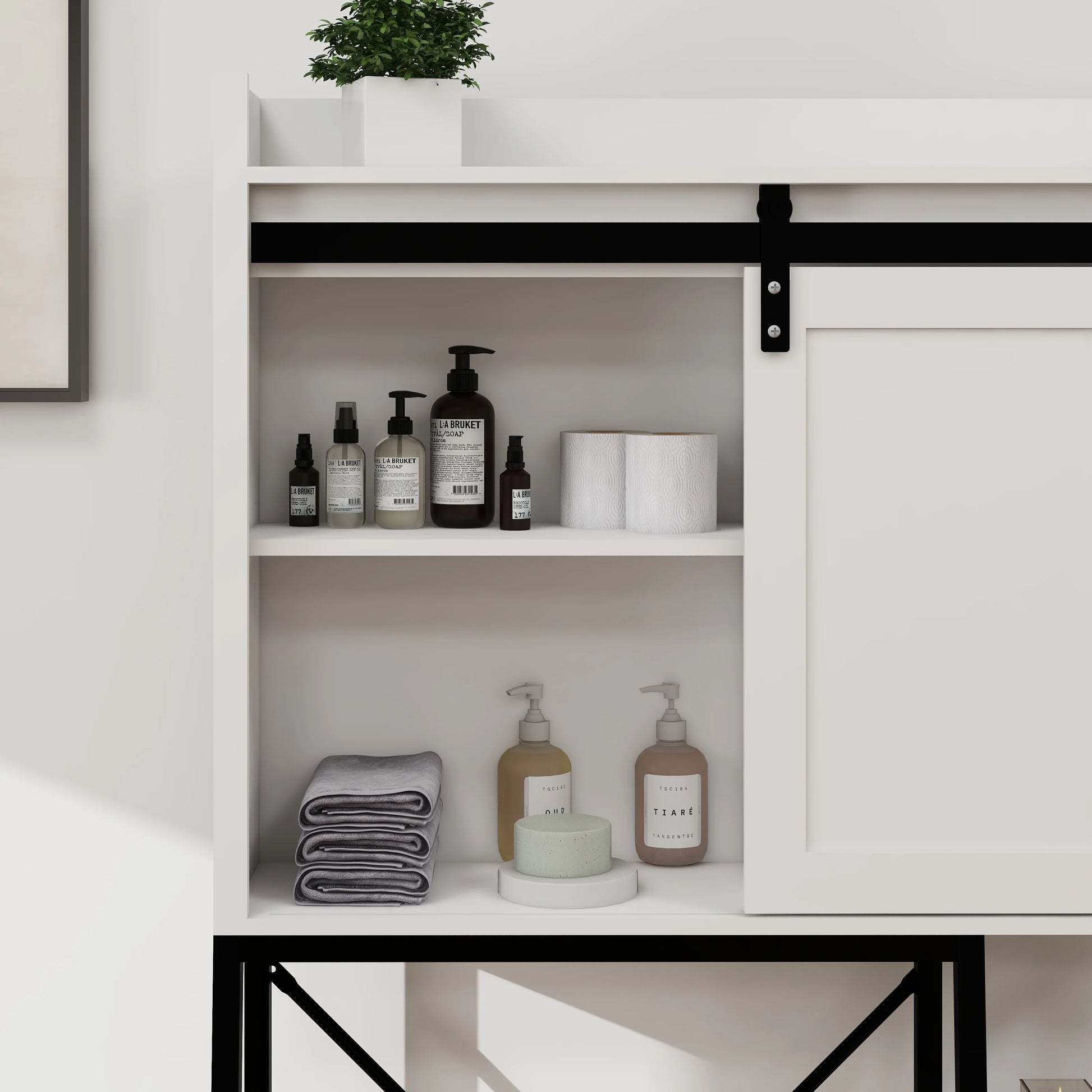 Royard Oaktree Farmhouse Over The Toilet Storage Cabinet, Bathroom Shelves Storage Organizer with Sliding Barn Door, Adjustable Shelves, and Storage Racks, White