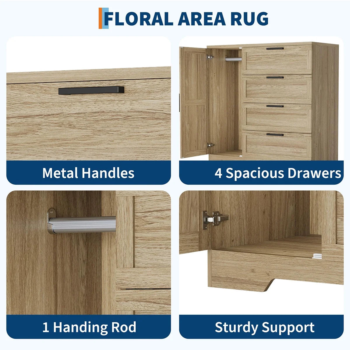 Ataucjin Wood Armoire Wardrobe Closet with 4 Drawers and Door, 43.3" H Bedroom Wardrobe Cabinet with Hanging Rod, Clothing Storage Cabinets, 4 Drawers Dresser with Storage Closet