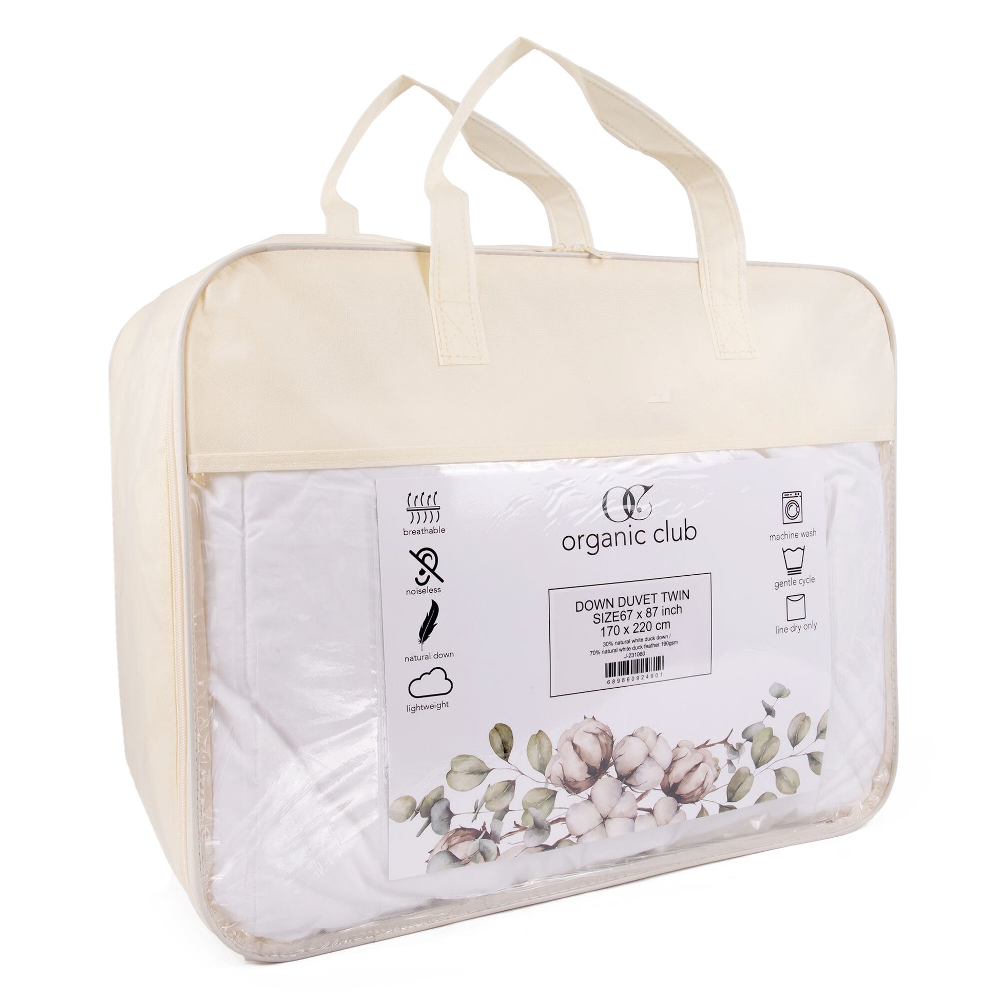 Organic Club Queen Cotton Duvet with Feather and Duck Down Filling 100% Cotton Cover Comforter All-Season Bedding Queen Size 87x87" (220x220 cm), Machine Washable, White