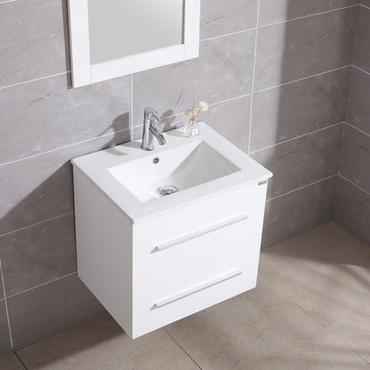 Wonline 24" Wall Mounted Bathroom Vanity with Sink, White Cabinet with Two Drawer and Mirror Chrome Faucet