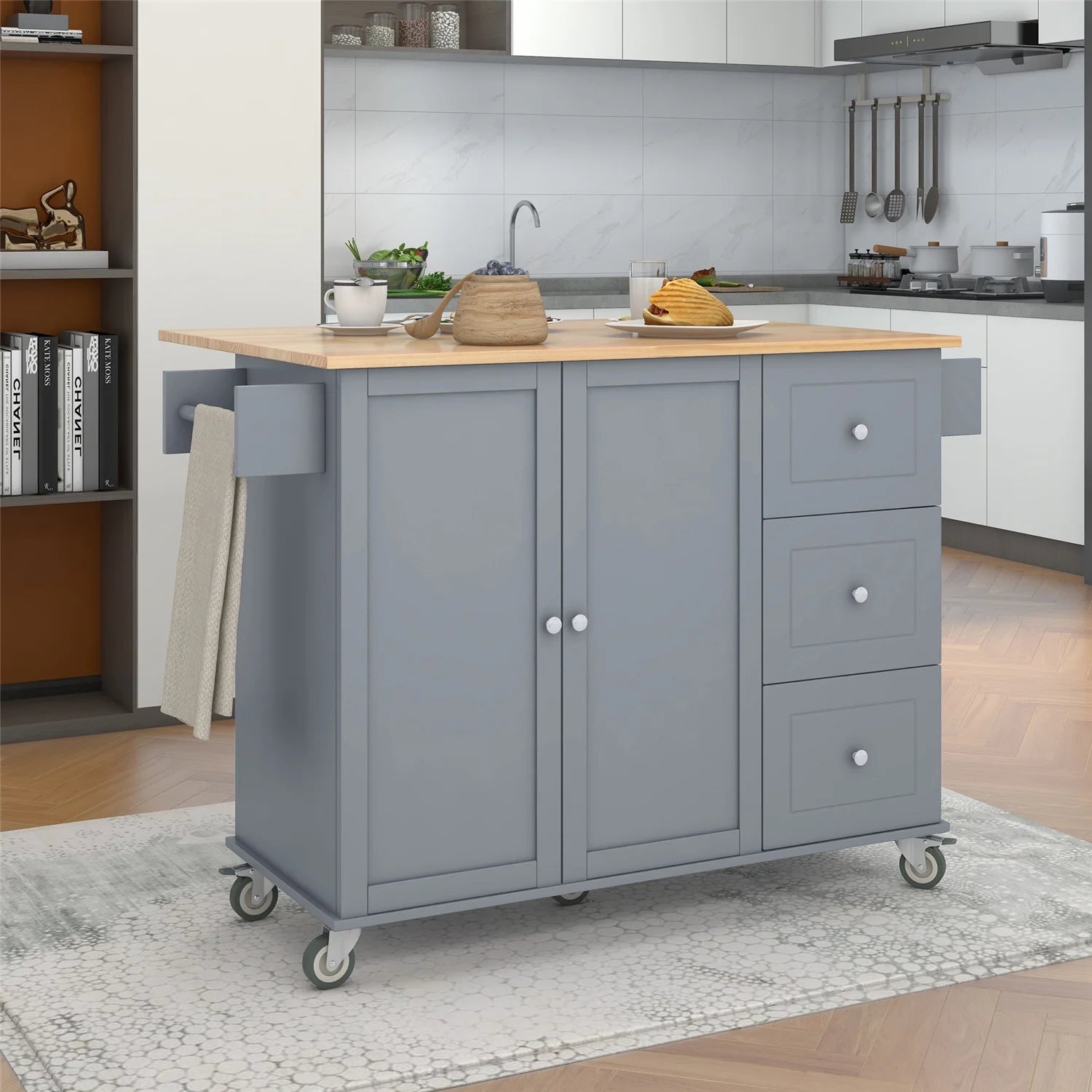 Kitchen Island Cart with Foldable Drop-Leaf Tabletop and Locking Wheels, 52.7" Rolling Kitchen Island Cart with 2 Door Cabinet and 3 Storage Drawers, Spice Rack and Towel Rack, Grey Blue