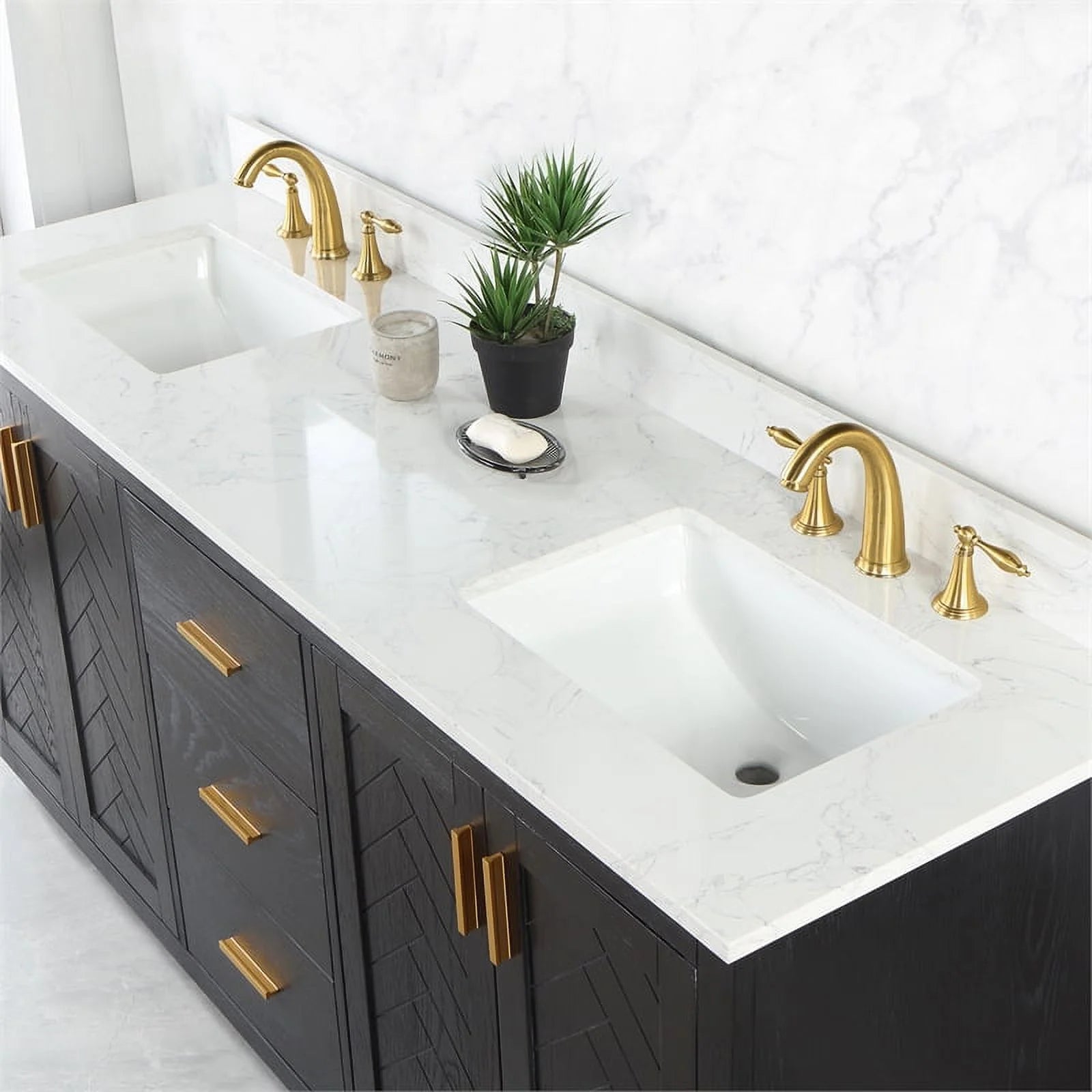 Gazsi 72" Double Bathroom Vanity Set in Black Oak with Grain White Composite Stone Countertop Without Mirror