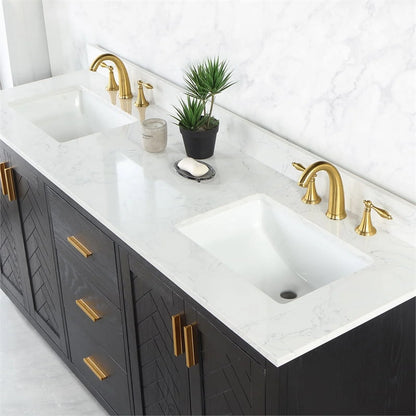 Gazsi 72" Double Bathroom Vanity Set in Black Oak with Grain White Composite Stone Countertop Without Mirror