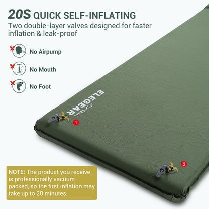 Elegear Self Inflating Sleeping Pad, 3.1" Ultra-Thick Memory Foam Camping Pad with Pillow Fast Inflating in 20s Insulated Camping Mattress Pad 4-Season Camp Sleeping Mat for Camping/Car/Tent