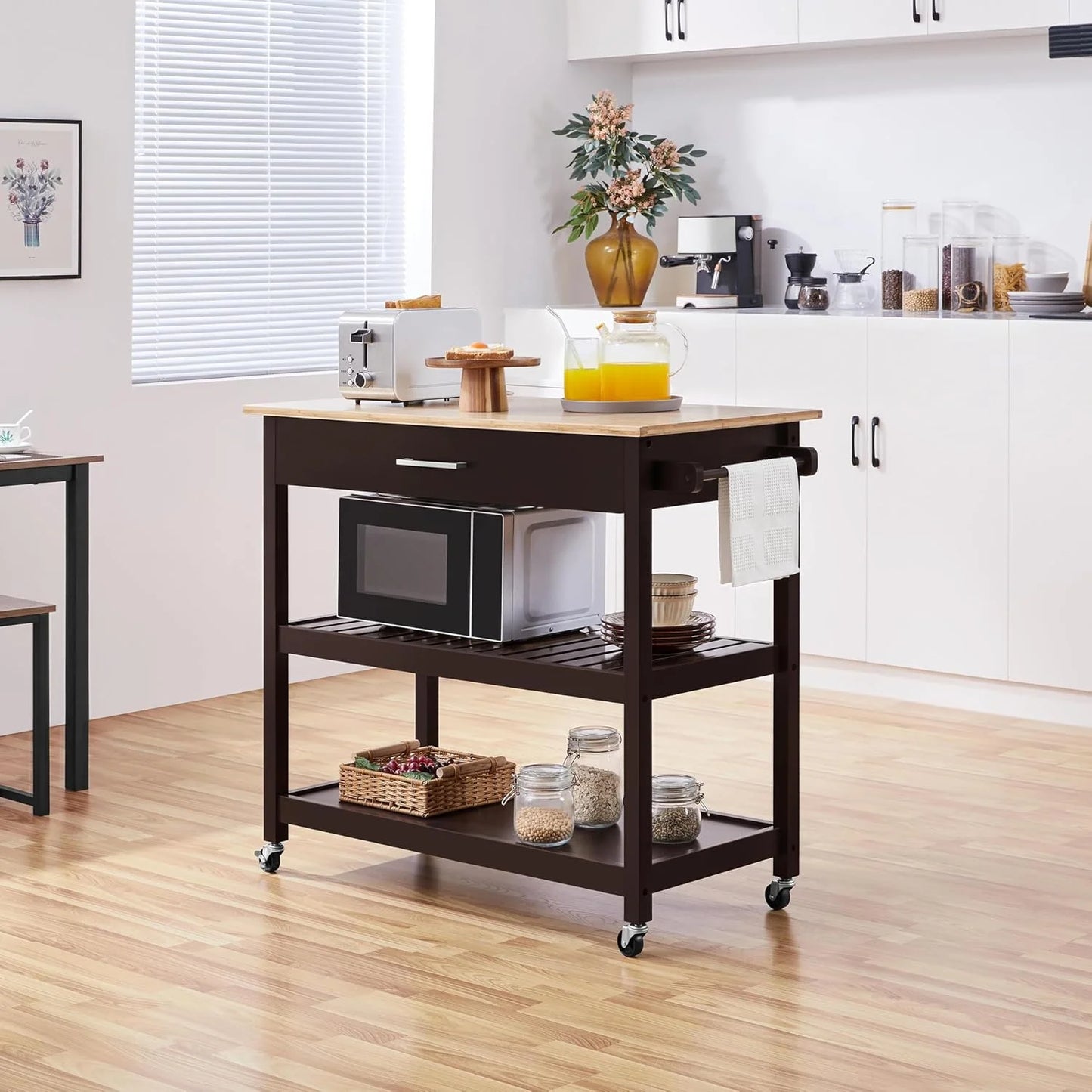 Hyxoo Kitchen Island Cart on Wheels with Bamboo Tabletop, 3-Tier Rolling Kitchen Island Microwave Cart with Drawer, Detachable Towel, 3 Hooks40"W x 20"D x 36.5"HEspresso