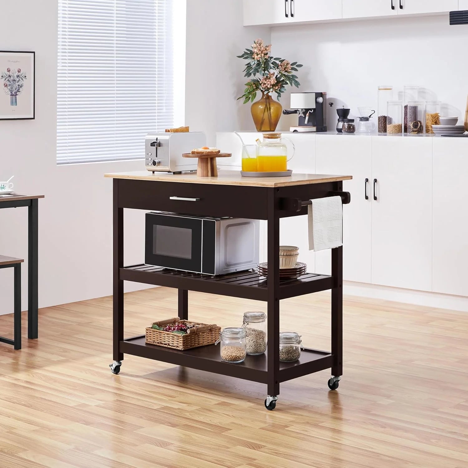 Hyxoo Kitchen Island Cart on Wheels with Bamboo Tabletop, 3-Tier Rolling Kitchen Island Microwave Cart with Drawer, Detachable Towel, 3 Hooks40"W x 20"D x 36.5"HEspresso
