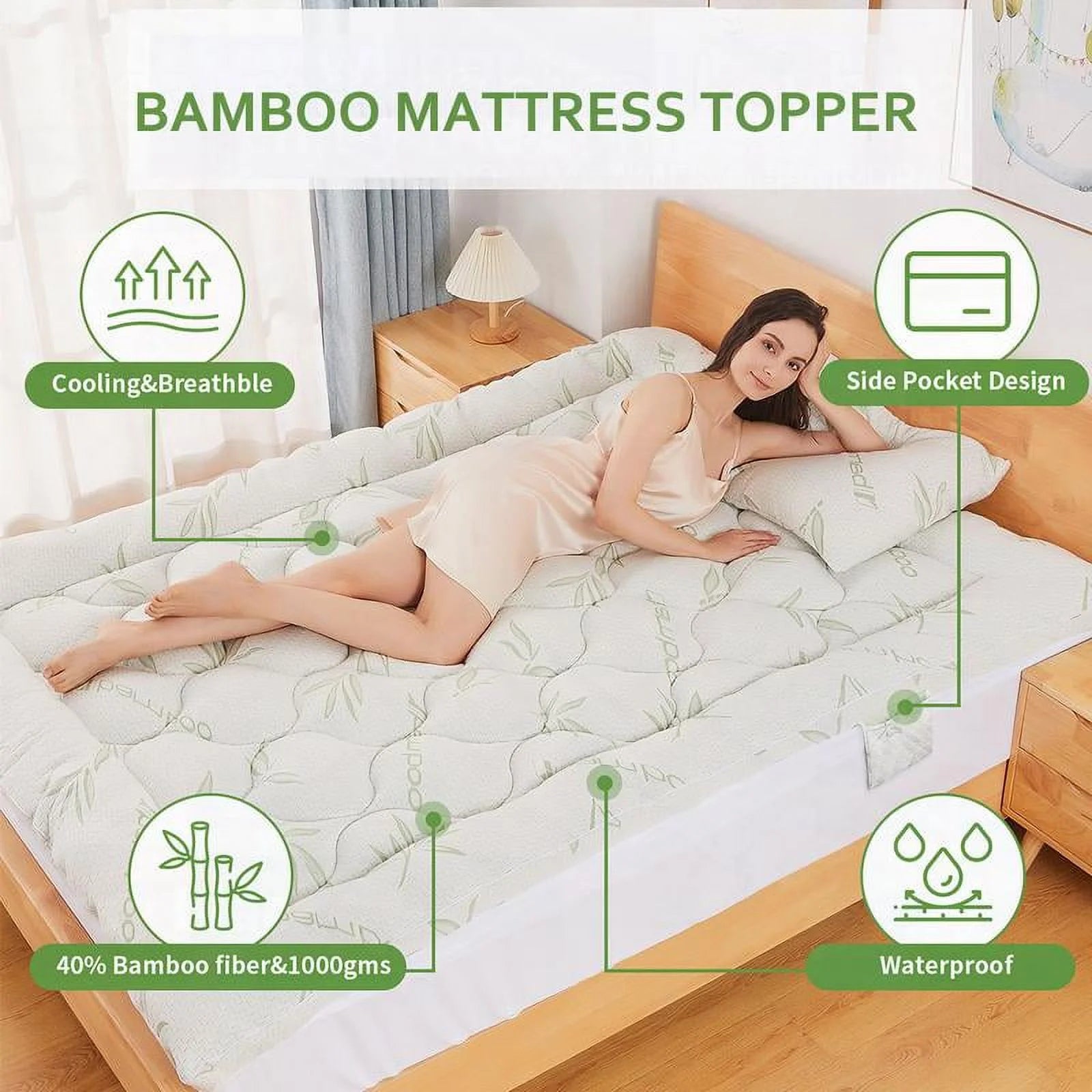 ZuoZuoMing Bamboo Mattress Topper 1000GSM with 1 Pillow Protector& Eye Mask, Side Pocket, Waterproof Mattress Protector, Cooling Extra Thick Breathable Mattress Pad Cover,8-21° Deep