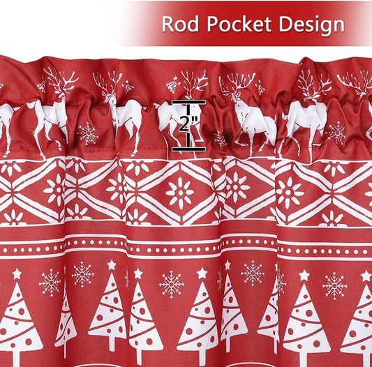 GlowSol 26"W x 24"L Boho Xmas Cafe Curtains Tree Deer Pattern Bathroom Curtain Blackout Half Window Kitchen Cafe Curtains, Red, Set of 2
