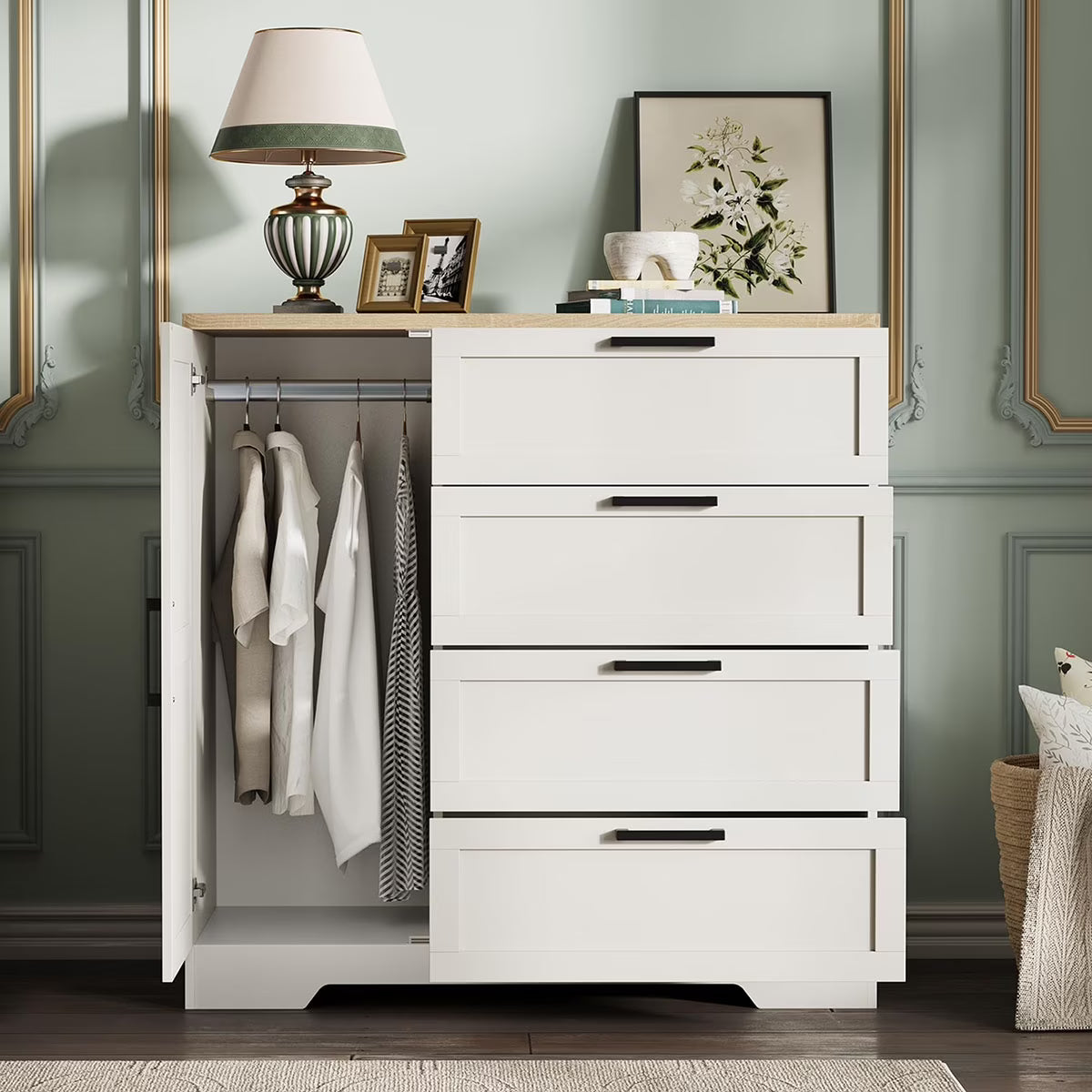 Ataucjin Wood Armoire Wardrobe Closet with 4 Drawers and Door, 43.3" H Bedroom Wardrobe Cabinet with Hanging Rod, Clothing Storage Cabinets, 4 Drawers Dresser with Storage Closet