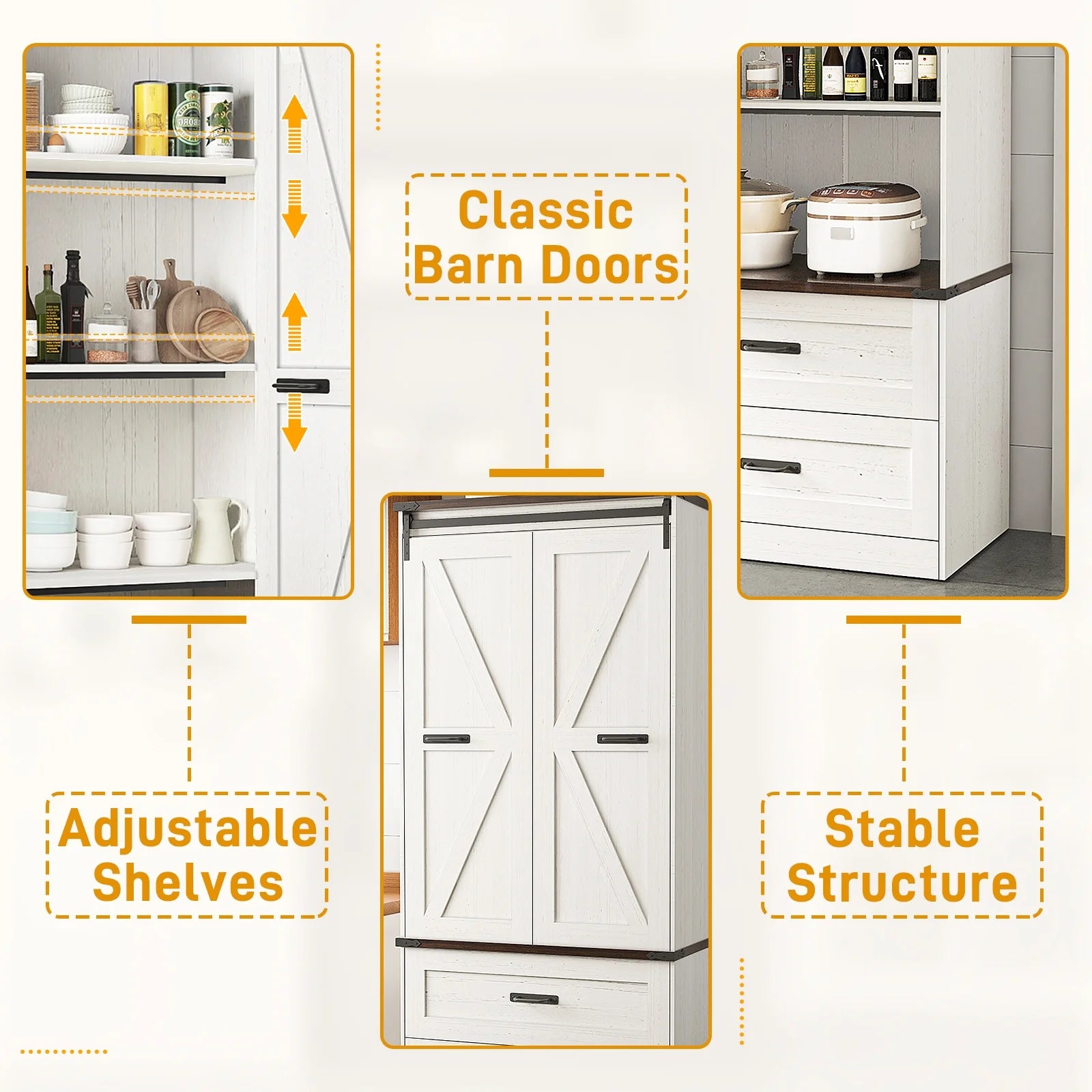 72''Tall Farmhouse Kitchen Pantry Cabinet, 3 Layers Storage Cabinet with Adjustable Shelves, 2 Drawer, Folding Door, Versatile Large Rustic Cabinet for Kitchen, Dining Room, Living Room, Bathroom