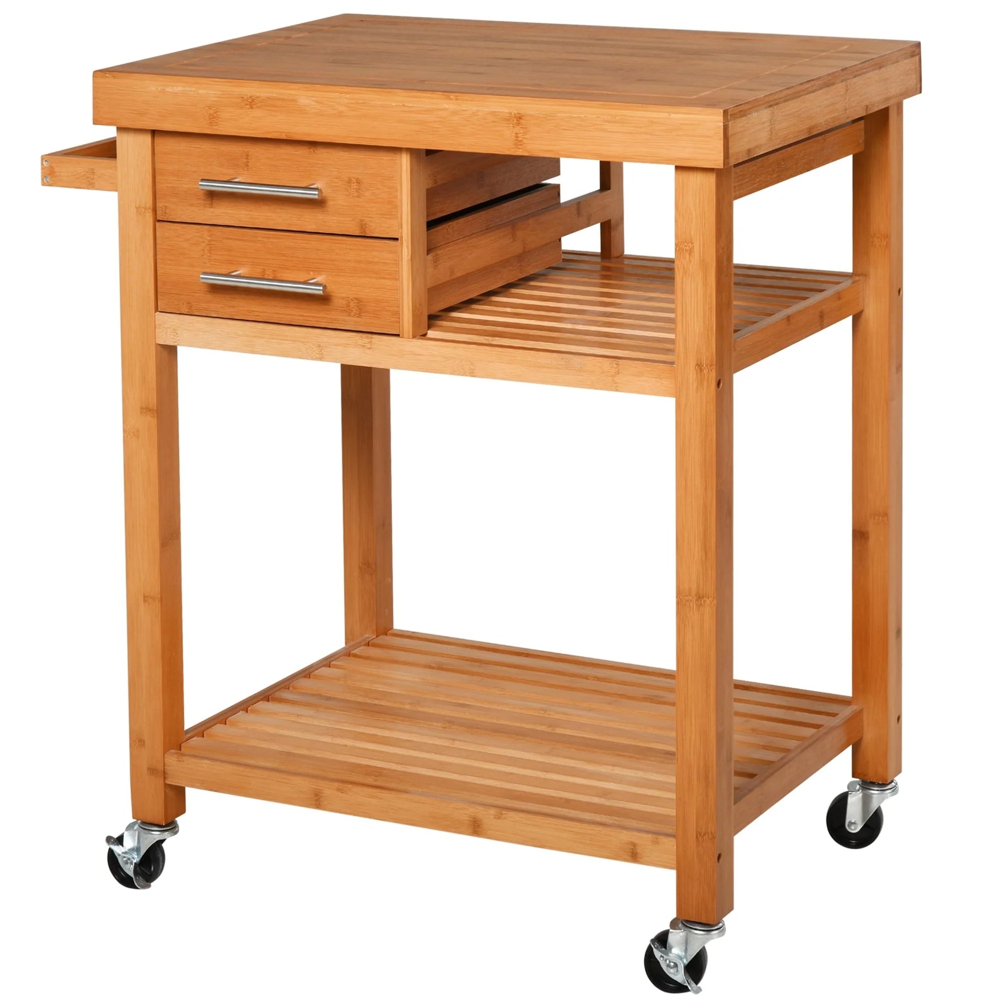 HomCom Bamboo Rolling Kitchen Island Trolley Utility Cart on Wheels, 2 Storage Drawers and Adjustable Shelving with Towel Rack