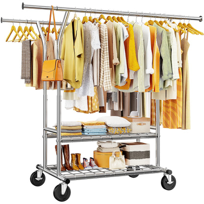 Clothes Rack with Wheels, Heavy-Duty Garment Rack for Hanging Clothes, Adjustable Freestanding Wardrobe Organizers and Storage with Double Sheves