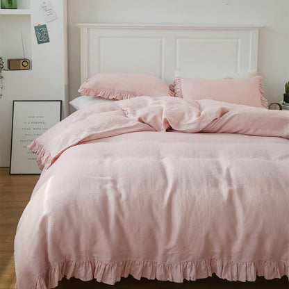 Simple& Opulence 100% Washed Linen Duvet Cover Set-3 Pieces Shabby Chic Premium Ruffled Bedding with 1 Comforter Cover and 2 Pillowshams France Flax High End Frill Sets Vintage Style(King, White)