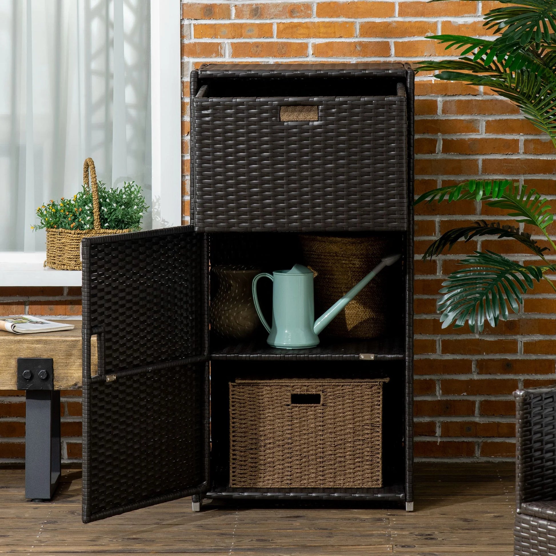 Outsunny Towel Rack & Pool Toy Cabinet/Hot Tub Accessory Storage, Waterproof PE Rattan Cabinet & Drawer for Indoor, Outdoor Swimming Pool, Brown