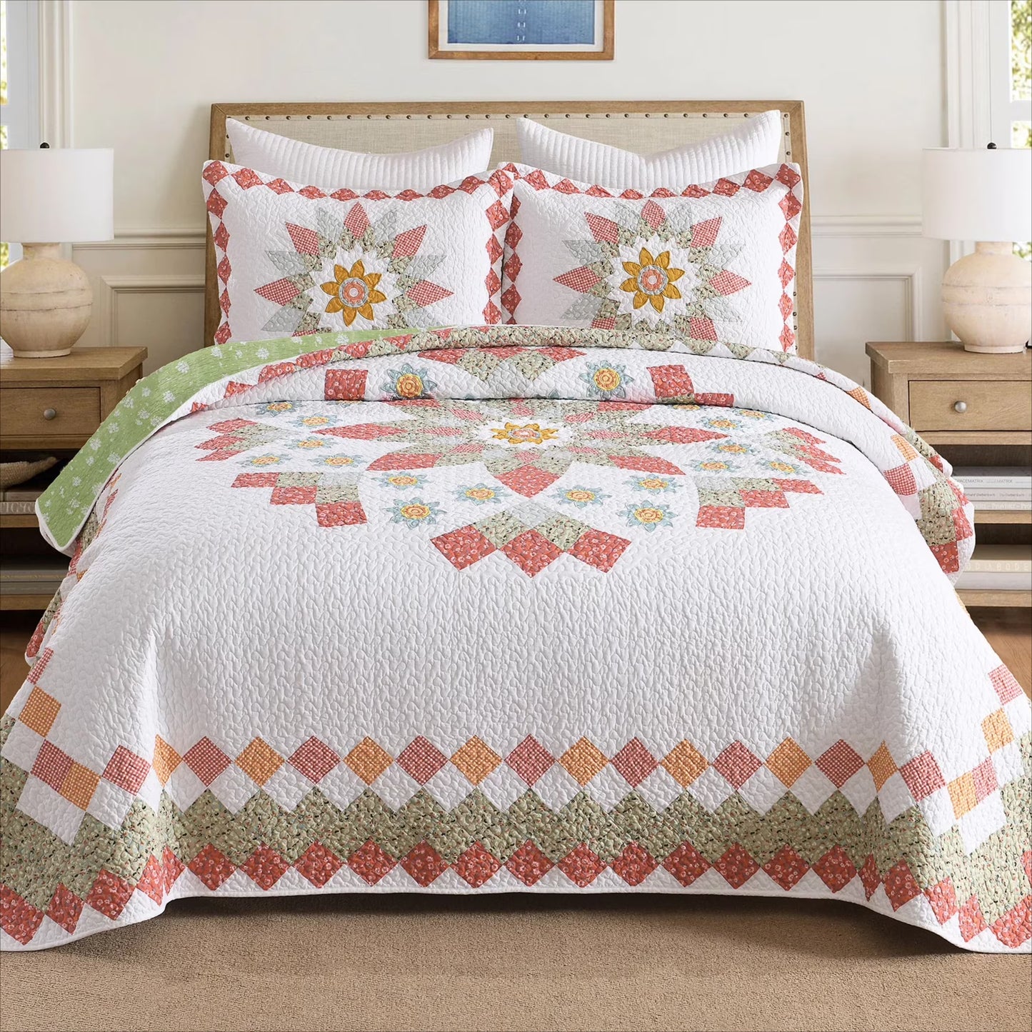 3 Pcs 100% Cotton Sunflower Pattern Patchwork Quilt Bedspread Set|Farmhouse Bedding Set for All Seasons