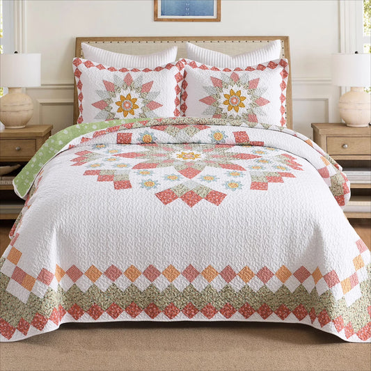 3 Pcs 100% Cotton Sunflower Pattern Patchwork Quilt Bedspread Set|Farmhouse Bedding Set for All Seasons