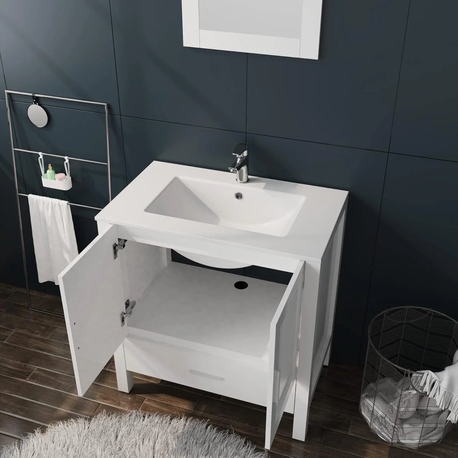 Goodyo 30" White Bathroom Vanity and Sink Combo Modern Drop in Sink Bathroom Cabinet with Mirror and Drain