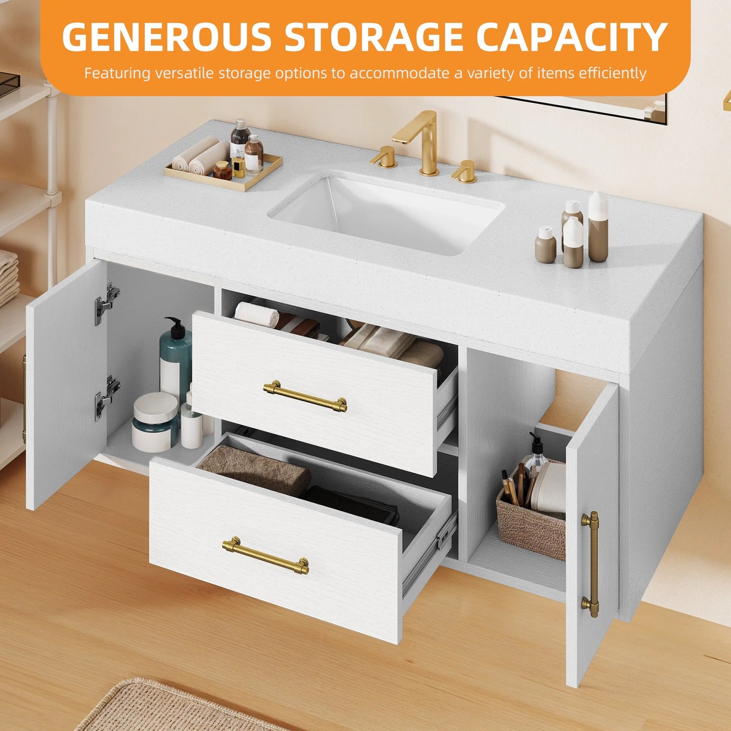 Craftian 48 inch Wall Mounted Bathroom Vanity 2 Doors & 2 Drawers, Floating Bathroom Cabinet, White