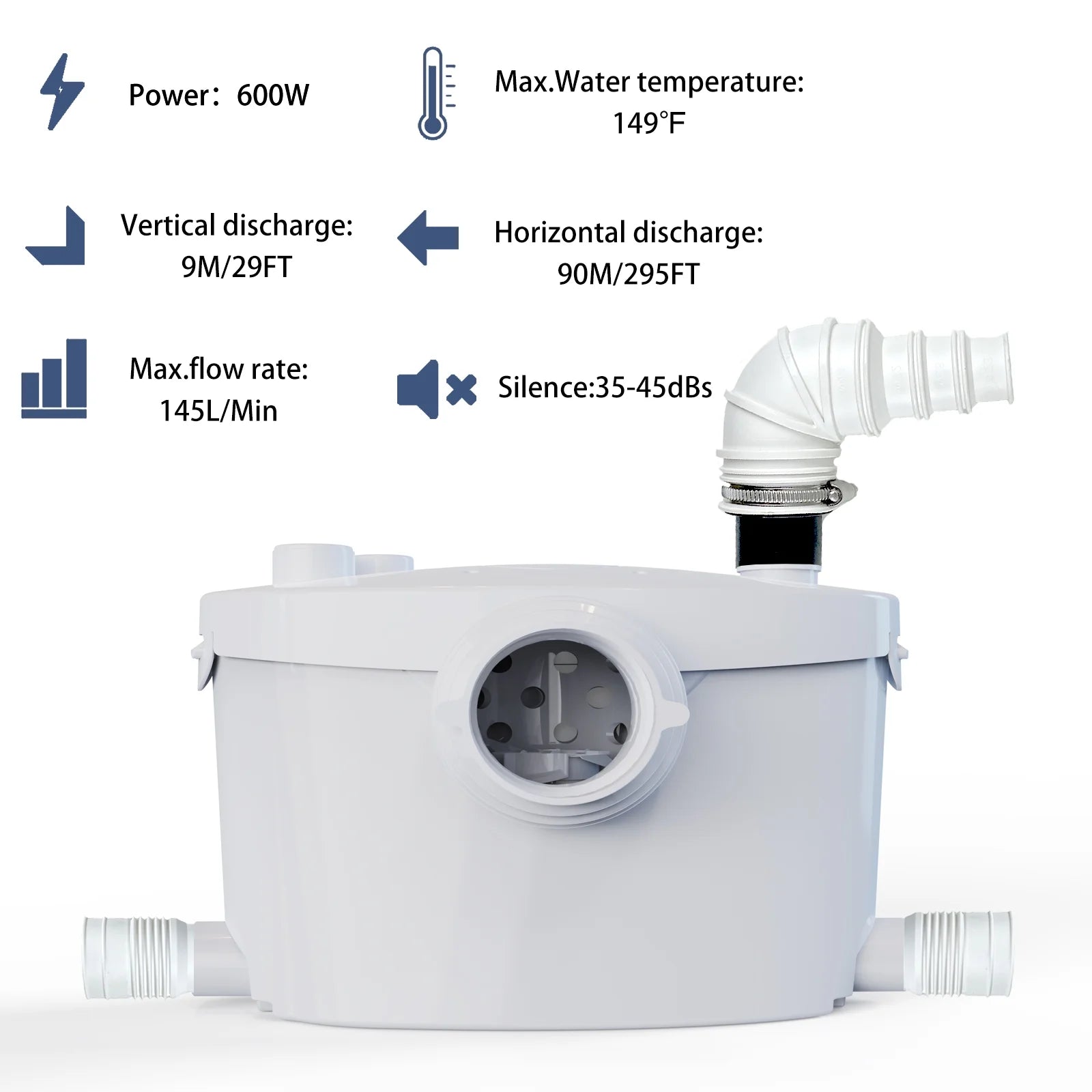 600watt Macerating Toilet with Pump, Upflush Toilet for Basement with 4water Inlets Connect Kitchen Sink Bathroom Included Macerator Pump, Water Tank, Toilet Bowl, Toilet Seat, Extension Pipe