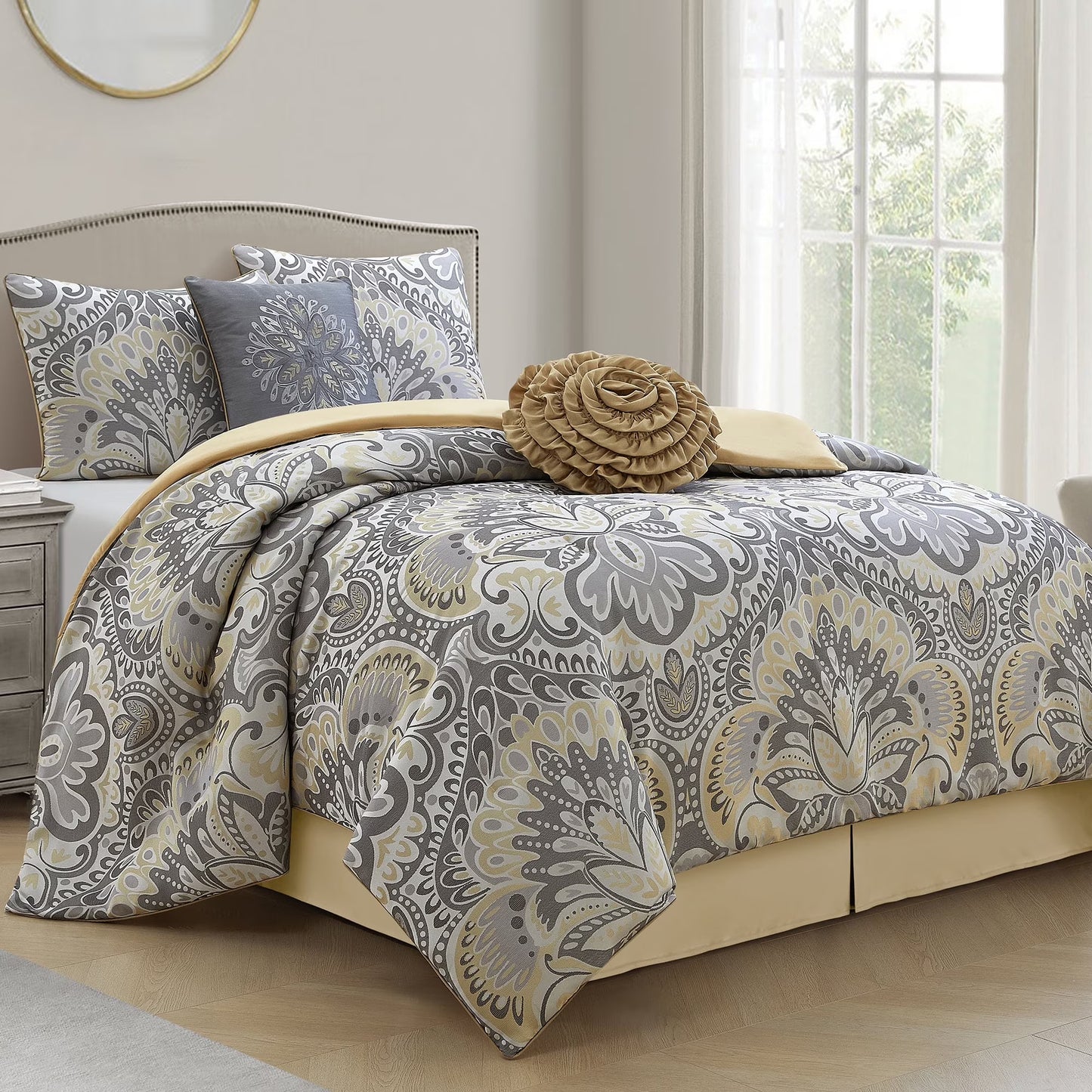 Lanco Luscious Diane 6-Piece Reversible Comforter Bedding Set, California King, Blue Gold, Fill Material Polyester, Floral