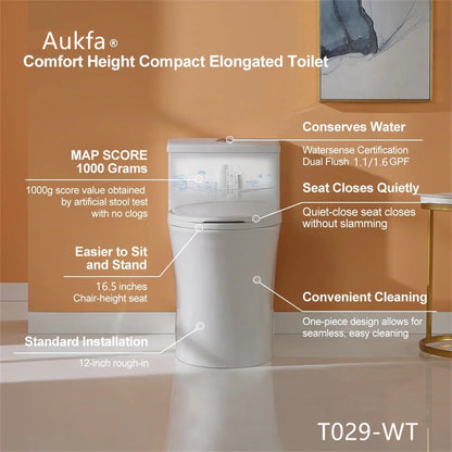 Aukfa T029-WT Elongated One Piece Toilet, Dual Flush 1.1/1.6 GPF Toilet for Bathroom, 12" Rough-In