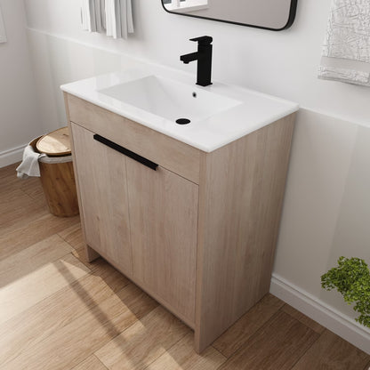 Holaki 30 Inch Freestanding Bathroom Vanity with Black Ceramic Sink & 2 Soft-Close Cabinet Doors, Plain Light Oak