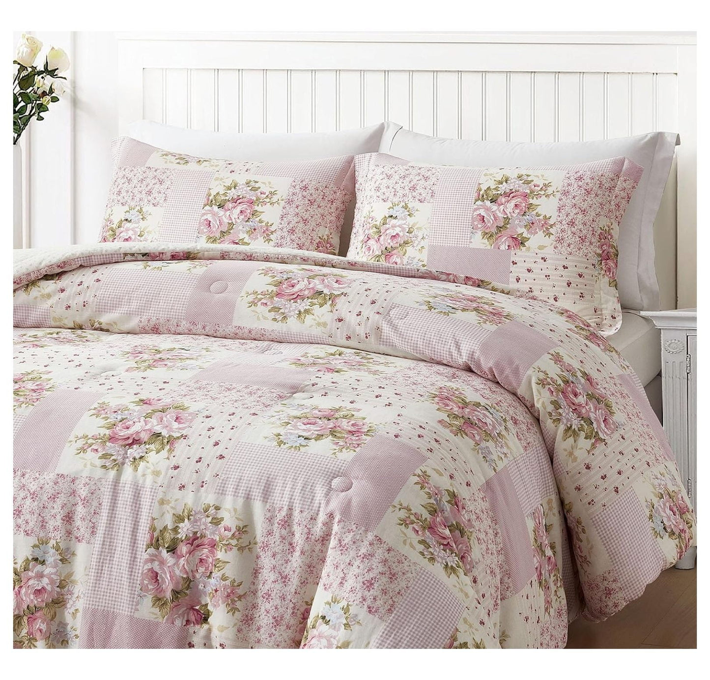 YOSITiuu Rosy 3-Piece Queen Size Washed Cotton Comforter Set - Floral Bedding Set Ivory Green Flower Polka Dot Printed Patchwork Reversible Lightweight Comforter for All Season