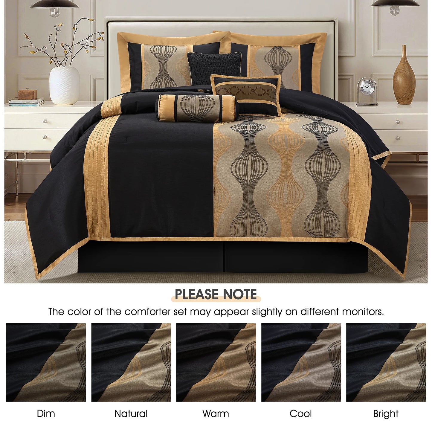 Lanco Elegant Black and Gold Comforter Set,Striped, 7 Pieces Jacquard Bedding Sets with Comforter for All Season, Bed Skirt, Pillows & Shams, Queen Size, Lightweight Microfiber
