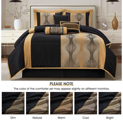 Lanco Elegant Black and Gold Comforter Set,Striped, 7 Pieces Jacquard Bedding Sets with Comforter for All Season, Bed Skirt, Pillows & Shams, Queen Size, Lightweight Microfiber