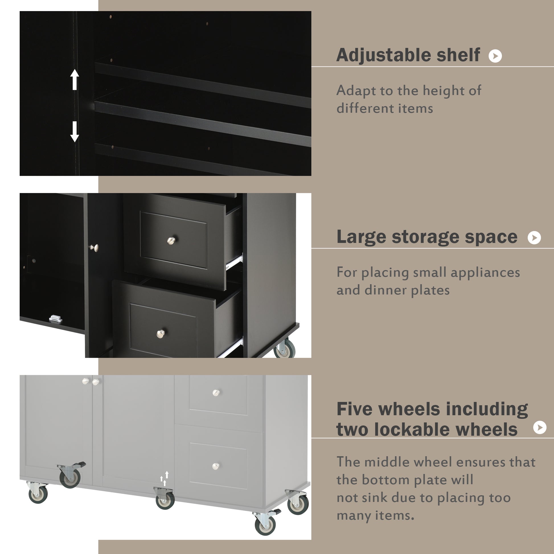 52.7" Width Rolling Mobile Kitchen Island with Solid Wood Top and Locking Wheels, Moveable Kitchen Island Cart with Storage Cabinet, Drop Leaf Breakfast Bar, Spice Rack, Towel Rack, Drawer