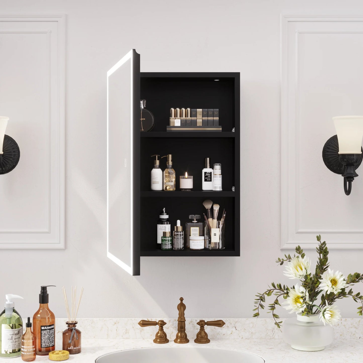 Ktaxon 20"x28", LED Bathroom Medicine Cabinet with Mirror Lighted, Wall Mounted Storage Cabinet w/Dimmable, Memory function, Outlets & USB, Black