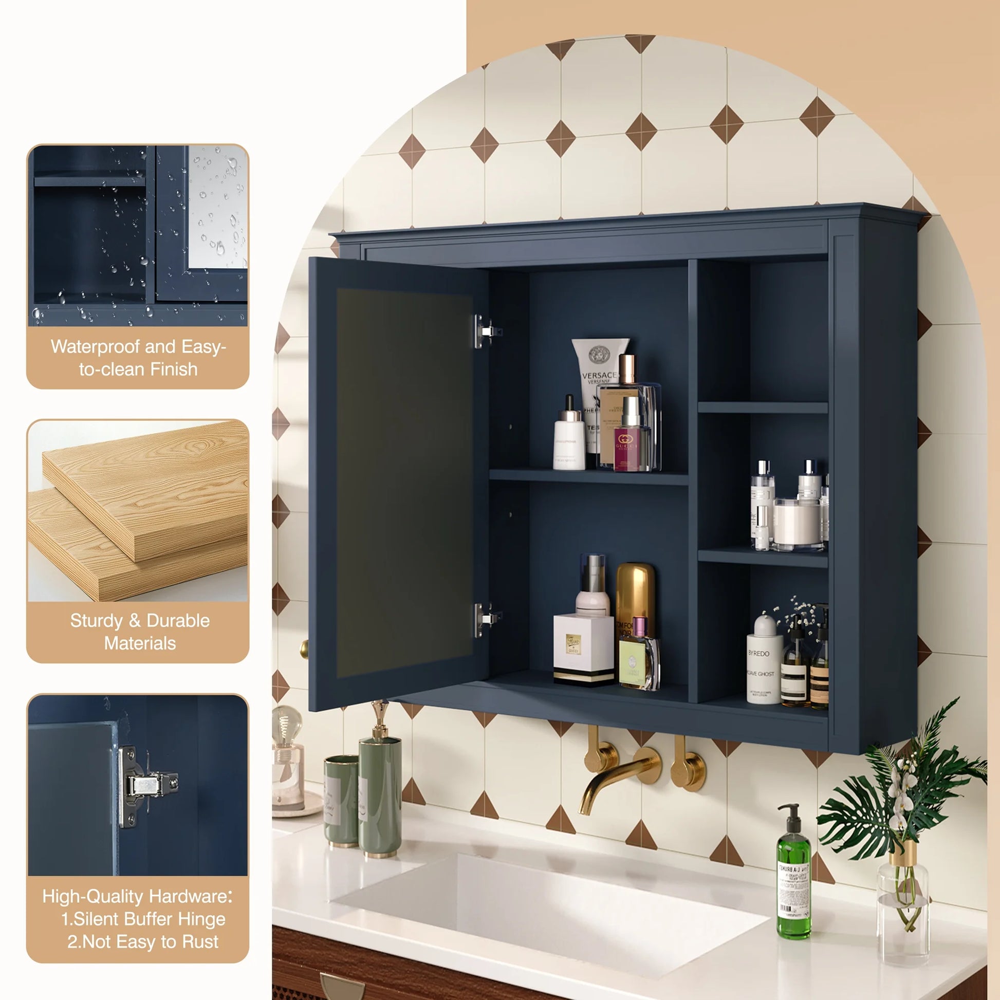 Euroco Wall Mounted Bathroom Mirror Cabinet Triple Door Vanity Storage with Concealed Shelves, Modern Design, Durable Construction, Easy Assembly