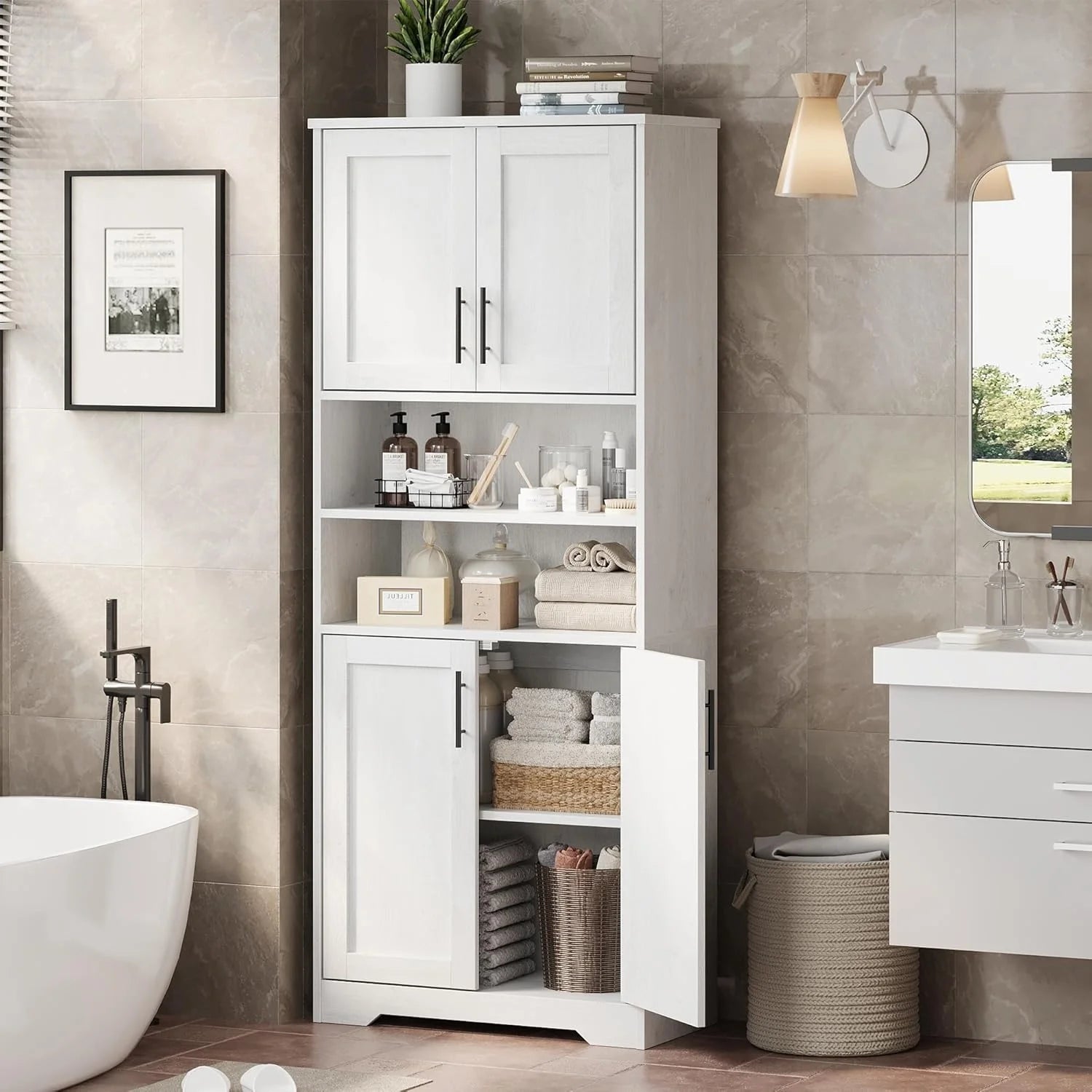 Studyset Tall Bathroom Cabinet, Freestanding Bathroom Storage Cabinet with Glass Doors and Adjustable Shelves, 67" Cupboard Modern Storage Cabinet for Kitchen, Pantry, Living Room