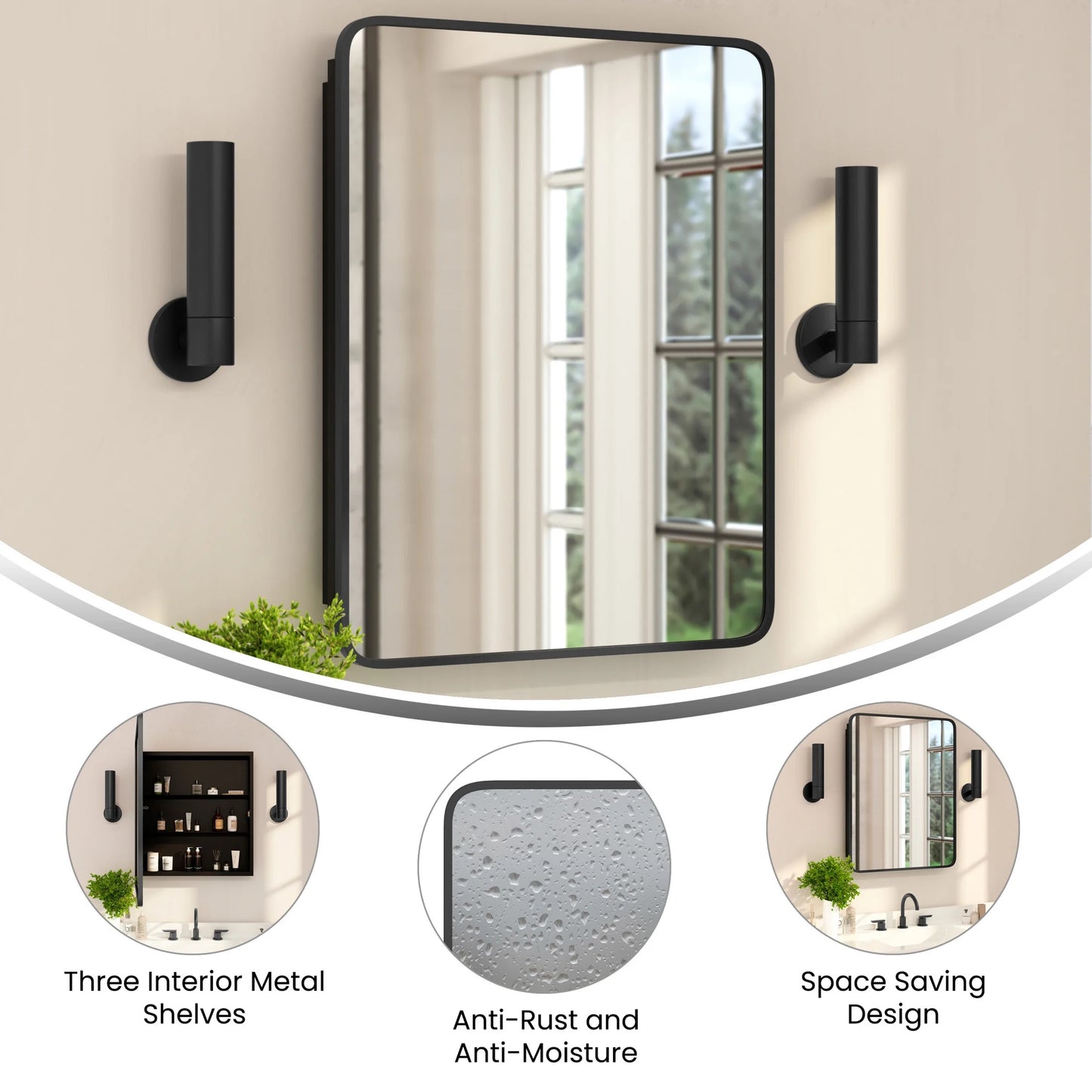 Emma + Oliver Black Metal Framed Bathroom Medicine Cabinet with Reversible, Recessed Design and Beveled Rounded Mirror - 24" x 30"