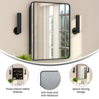 Emma + Oliver Black Metal Framed Bathroom Medicine Cabinet with Reversible, Recessed Design and Beveled Rounded Mirror - 24" x 30"