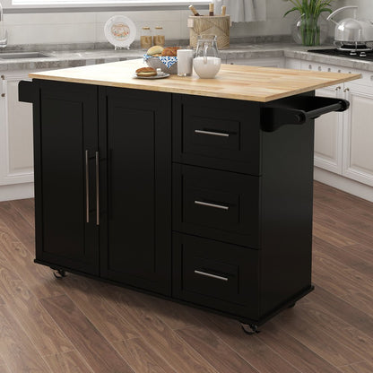 Tcbosik Kitchen Cart Rolling Storage Islands on wheels, Kitchen Cart with Drawers, Spice Rack, Towel Rack, Extensible Solid Wood Table Top, Black