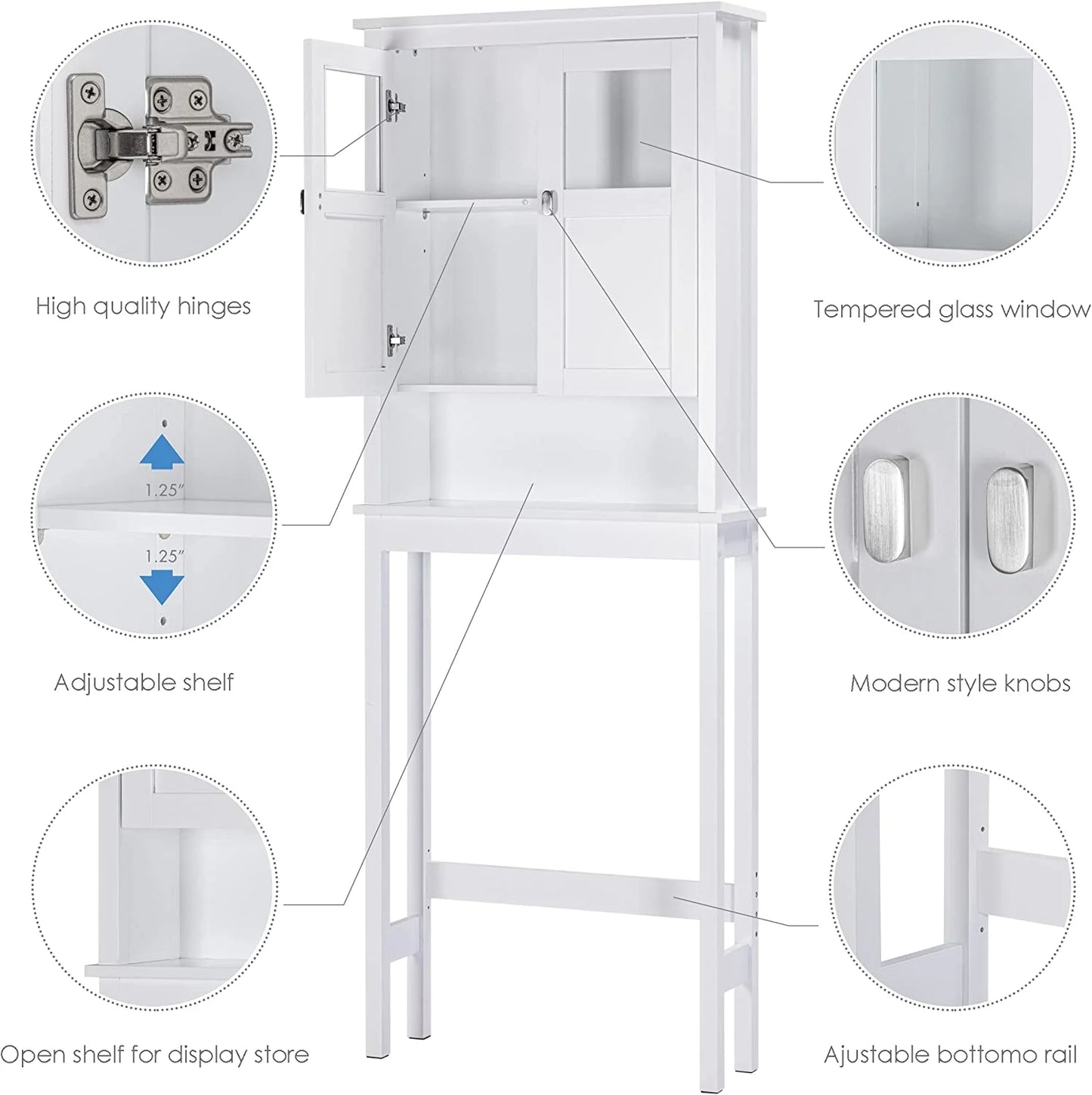 Spirich Bathroom Cabinet Over Toilet, Bathroom Storage Cabinet with Glass Doors and Adjustable Shelves, Over The Toilet Storage Cabinet, White