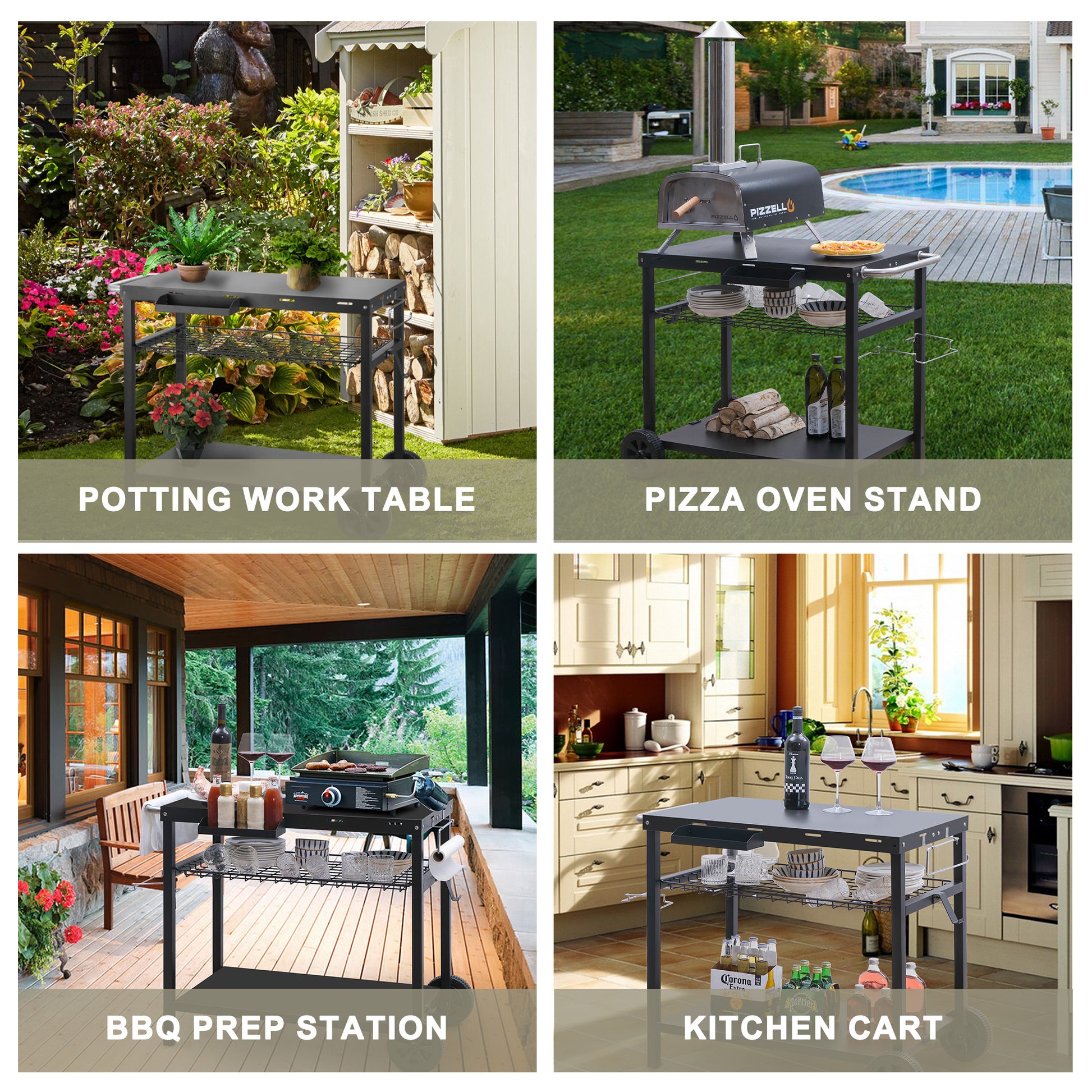 Grill Cart, Pizza Oven Stand, Outdoor bbq Prep Station with Storage, Wheel, Hook, Handle, Black Steel Tabletop, Garbage Bag Holder, Paper Towel Holder, Movable Spice Rack