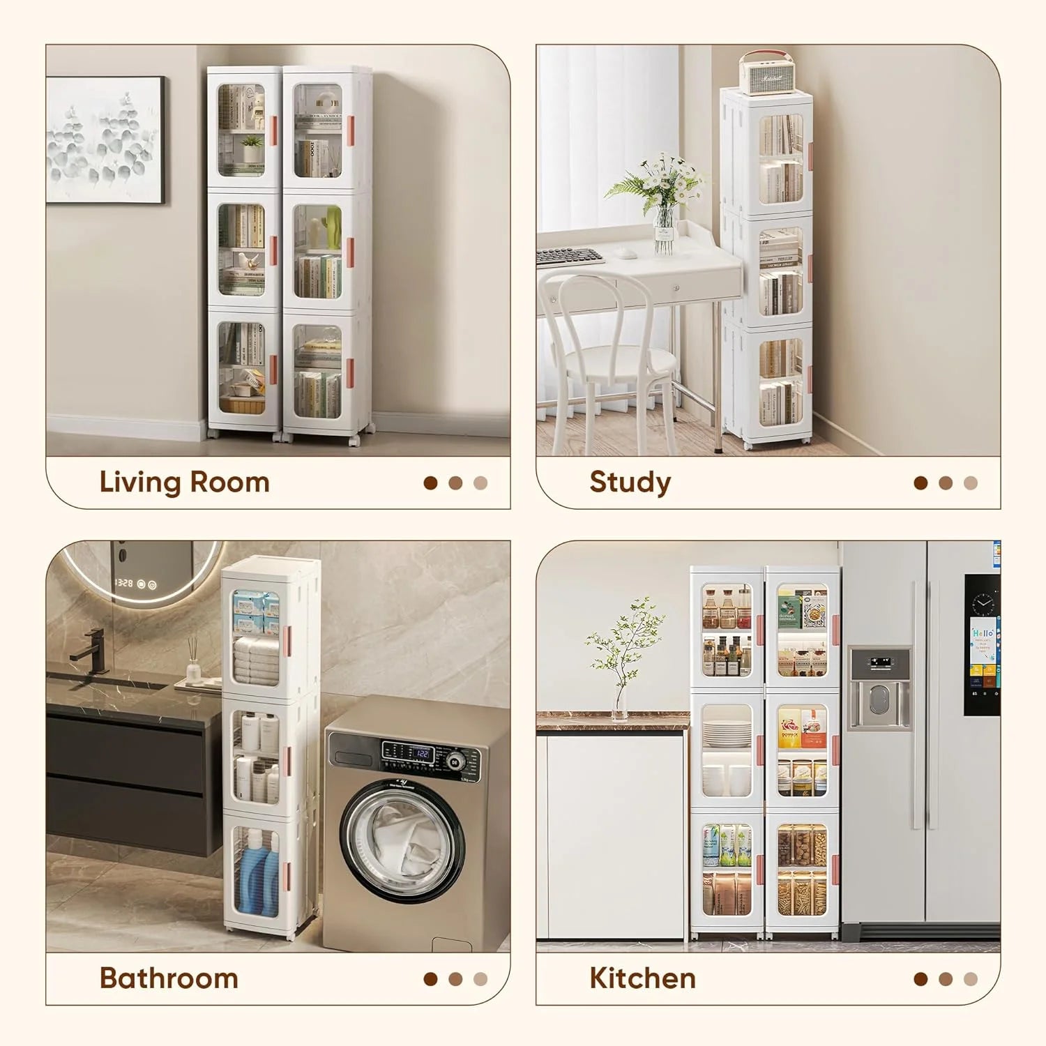 Slim Kitchen Pantry Storage Cabinet with Doors and Shelves, 3-Tiers Plastic Narrow Storage Organizer Collapsible for Small Spaces, Bathroom, Living Room, Bedroom, White