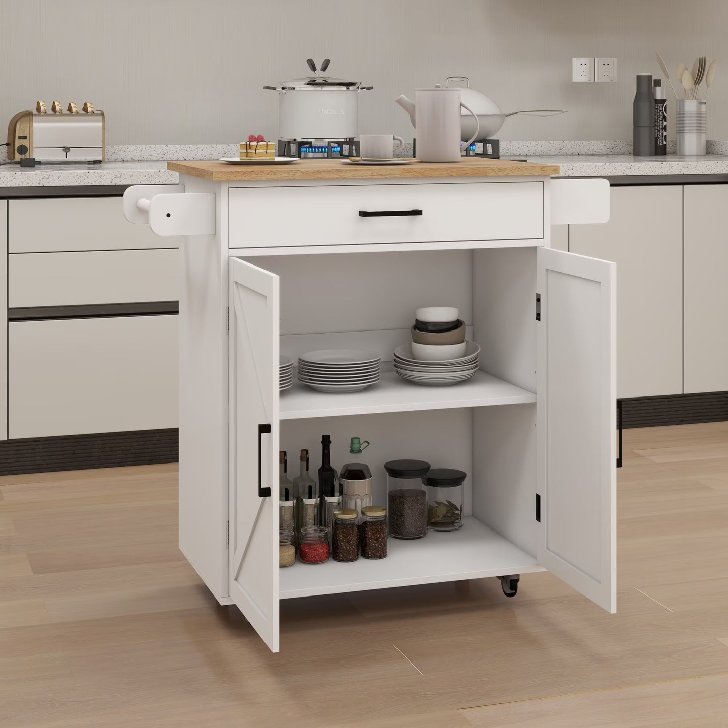 Rolling Kitchen Island with Solid Wood Top & Pull-out Drawer, Kitchen Trolley Cart with Spice Rack & Towel Rack & Storage Pantry Cabinet with Adjustable Shelf, Kitchen Island Cart on Wheels, White