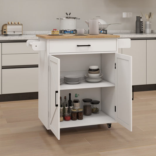 Rolling Kitchen Island with Solid Wood Top & Pull-out Drawer, Kitchen Trolley Cart with Spice Rack & Towel Rack & Storage Pantry Cabinet with Adjustable Shelf, Kitchen Island Cart on Wheels, White