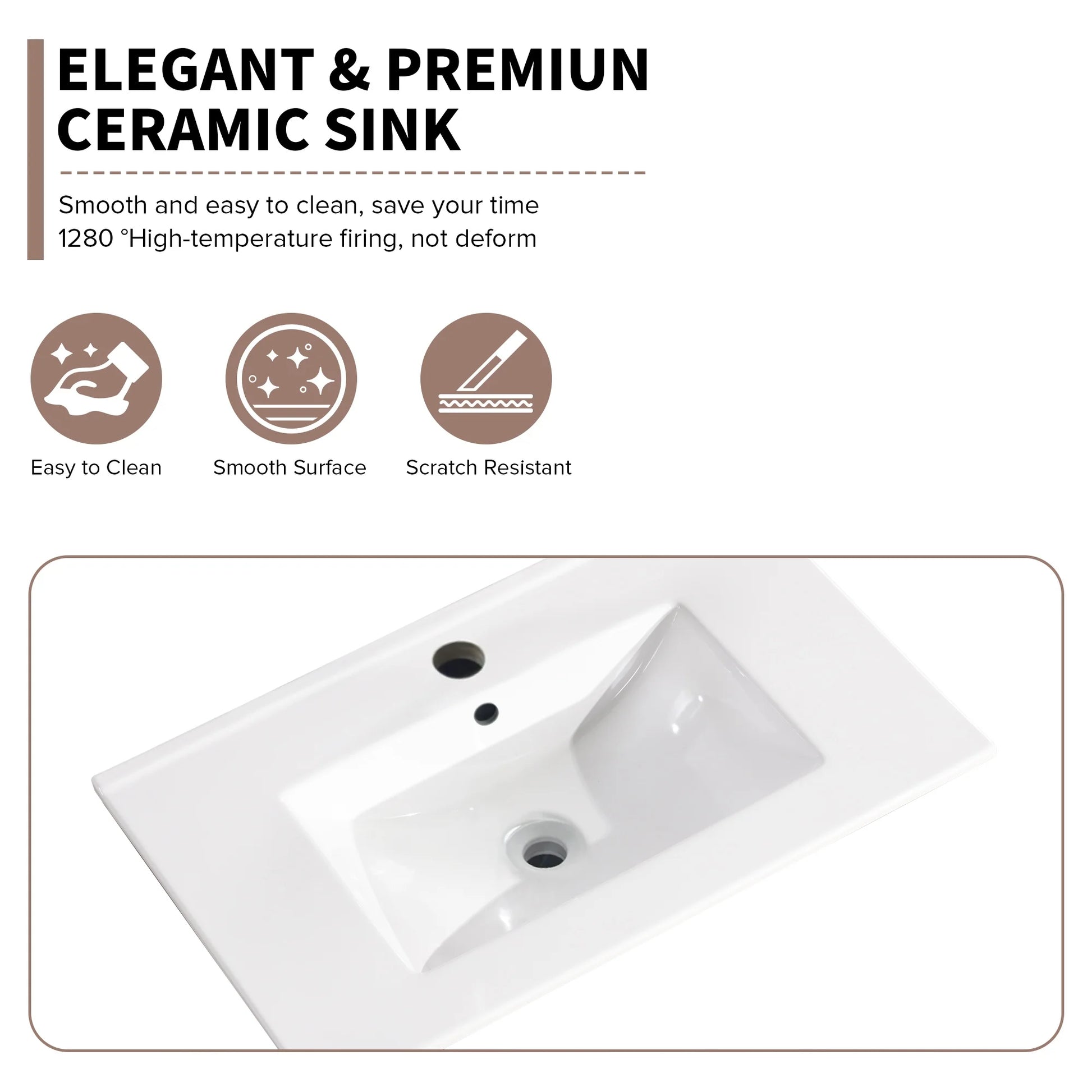 Miniyam 24" Ceramic Sink with Overflow, Drop in Bathroom Vessel Sink, White