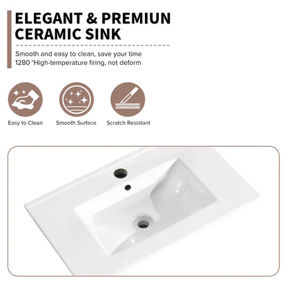 Miniyam 24" Ceramic Sink with Overflow, Drop in Bathroom Vessel Sink, White