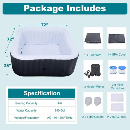 73" X 73" X 25" Inflatable Hot Tub for 4-6 Person Square, 240 Gallon Large Portable Hottub Spa with 130 Bubble Air Jets, Blow Up Spa Bathtub with LED Control Panel, 2 Filter, Temperature up to 104° F