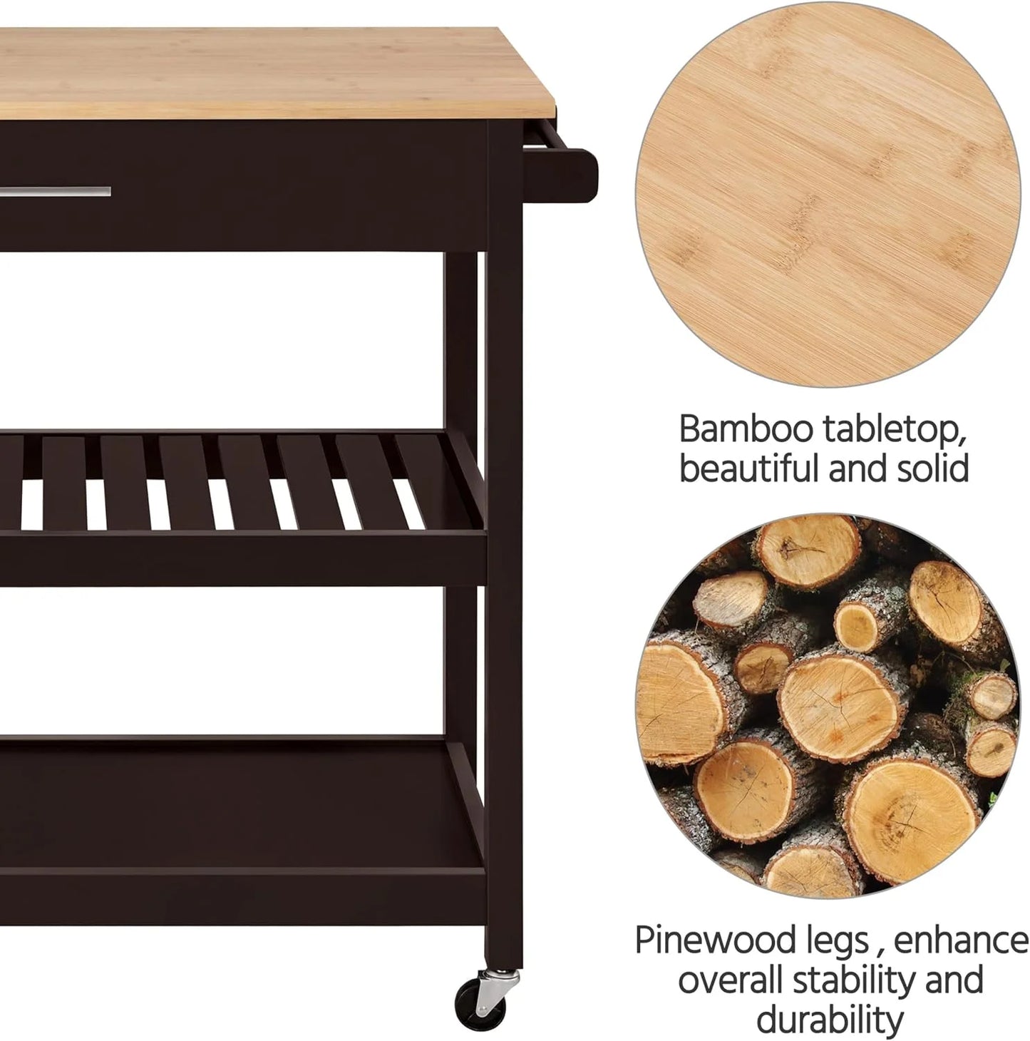 Hyxoo Kitchen Island Cart on Wheels with Bamboo Tabletop, 3-Tier Rolling Kitchen Island Microwave Cart with Drawer, Detachable Towel, 3 Hooks40"W x 20"D x 36.5"HEspresso