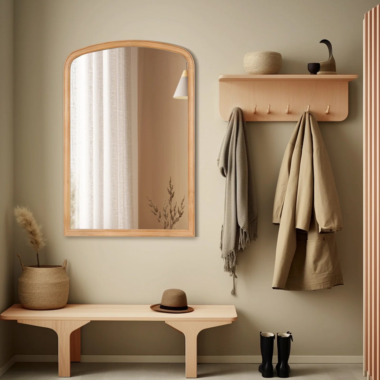 WallBeyond Wood Frame Rustic Arched Wall Mirror for Bathroom or Living Room Wall Decor, 24" 36", Natural Wood